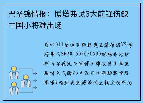 巴圣锦情报：博塔弗戈3大前锋伤缺 中国小将难出场