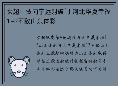 女超：贾向宁远射破门 河北华夏幸福1-2不敌山东体彩