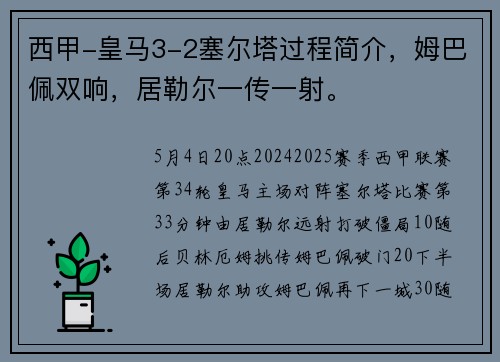 西甲-皇马3-2塞尔塔过程简介，姆巴佩双响，居勒尔一传一射。